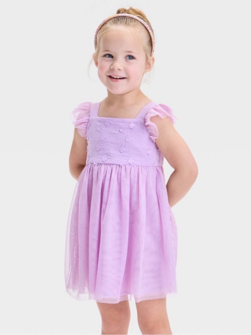 Toddler Girls' Embroidered Tulle Dress Purple 4T Back Bow, Mesh Fabric